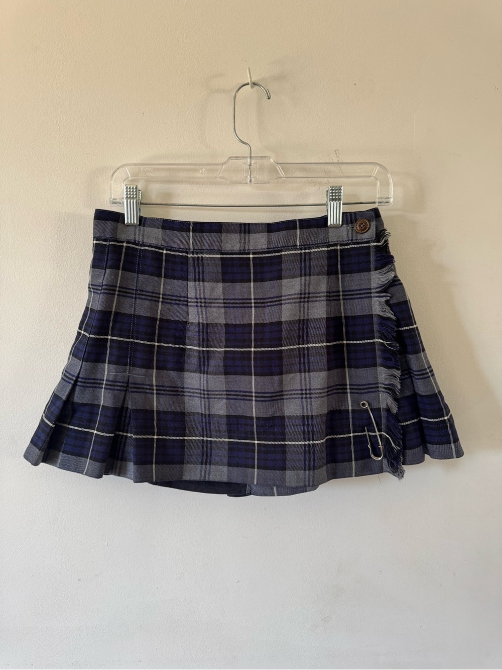 McCarthy Plaid Kilt Skirt 30 Navy Blue Grey Pleated Wrap Fringe Pin Preppy Y2K